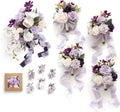 Ling's moment Wedding Artificial Flowers Package, Bridal Bouquet, Bridesmaid Bouquets, Boutonniere for Men, Rose Petals.Sage Orchid Purple Cream