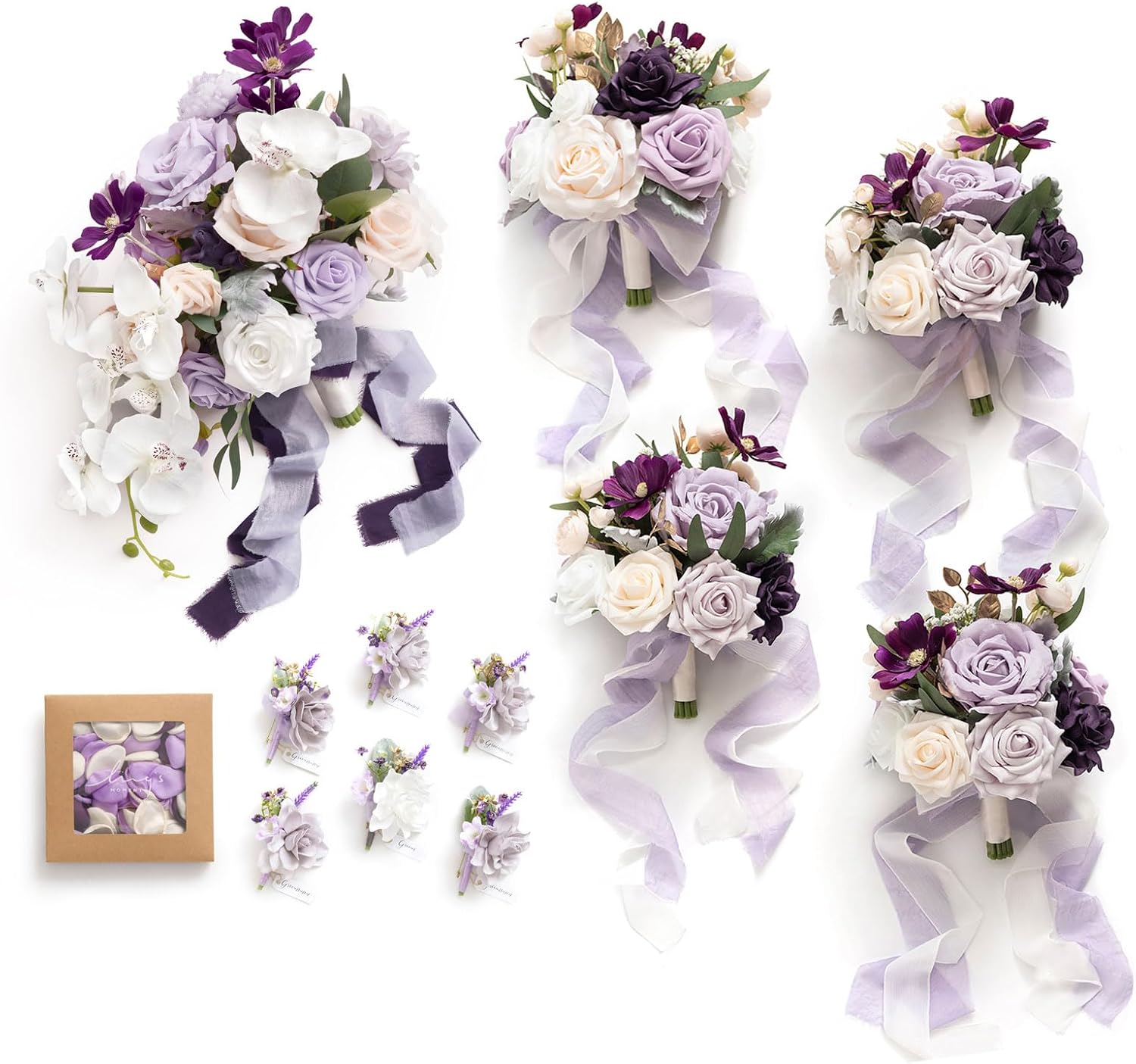 Ling's moment Wedding Artificial Flowers Package, Bridal Bouquet, Bridesmaid Bouquets, Boutonniere for Men, Rose Petals.Sage Orchid Purple Cream