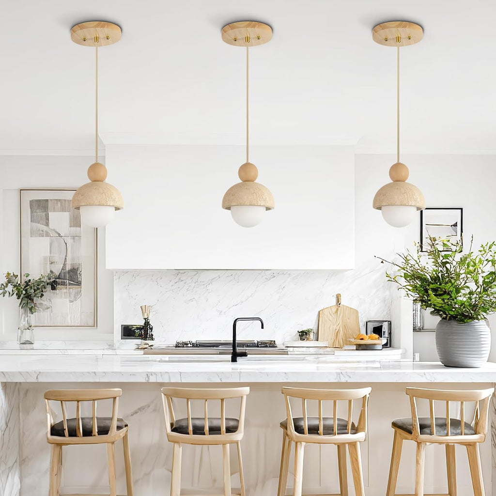Natural Cave Stone Pendant Lights Kitchen Island Japanese Wabi Sabi Pendant Light Fixture with Wood Ceiling Plate Hanging Lamp for Hallway, Bedroom, Dining Room 3pcs