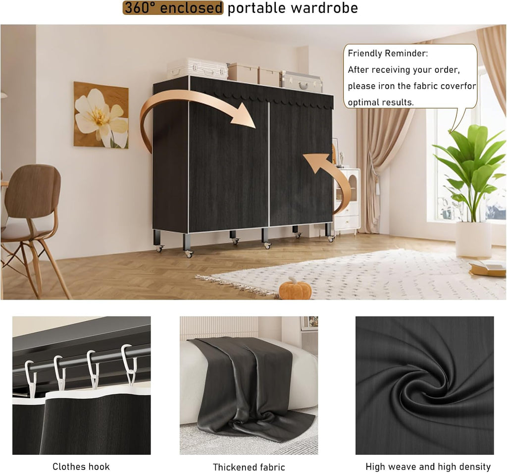 Heavy Duty Portable Wardrobe, Metal Foldable Covered Clothes Rack, 1500LBS, Freestanding Closet System Rolling Garment Rack, for Bedroom Closet (Black Zipper, 49in)