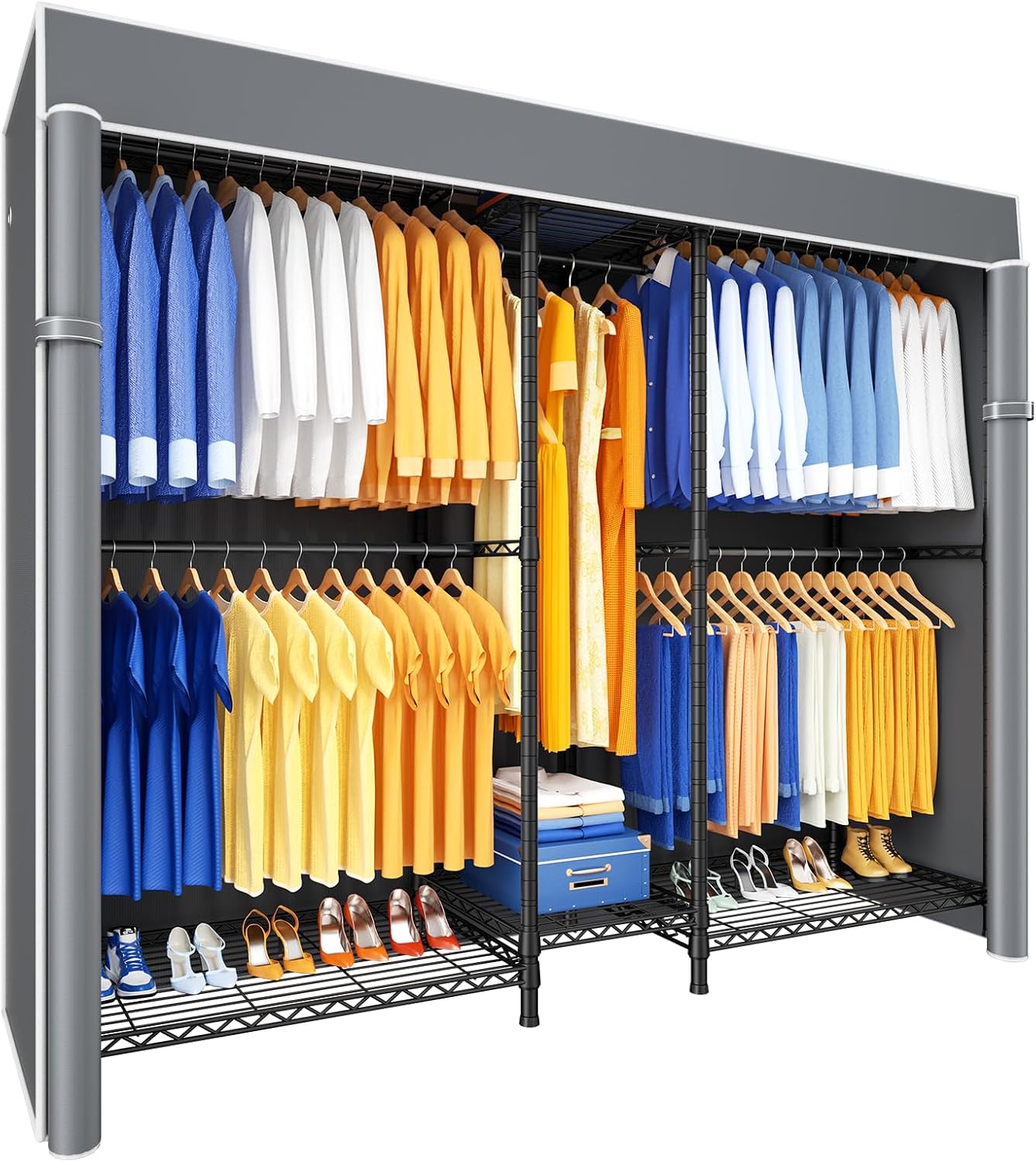 Ulif E12C Pro Heavy Duty Closet Organizer System，Freestanding Clothing Racks for Hanging Clothes，Adjustable Garment Rack 71'W x 16'D x 76.5'H Hold 960lbs，Black Clothing Rack with Grey Dustproof Cover