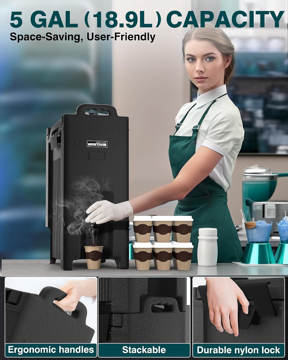 WantJoin Insulated Beverage Dispenser - 5 Gallon Hot and Cold Drink Container, Thermal Drink Dispenser Cooler Server Carrier with Handles for Commercial Catering, Black