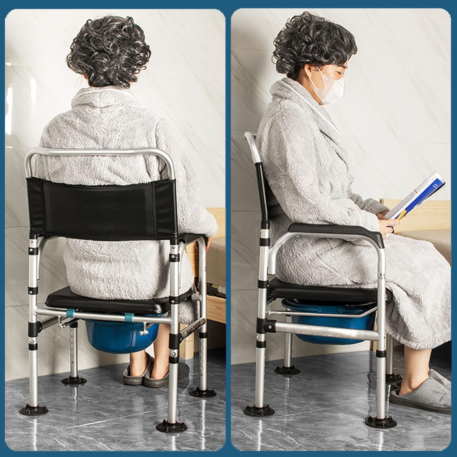 Heavy Duty Commode Chair, 5-Gears Height Adjustable Toilet Seat w/Safety Aluminum Alloy Frame and Anti-Slip Foot Pads, Home Care Bath Shower Chair for Elders, Disabled