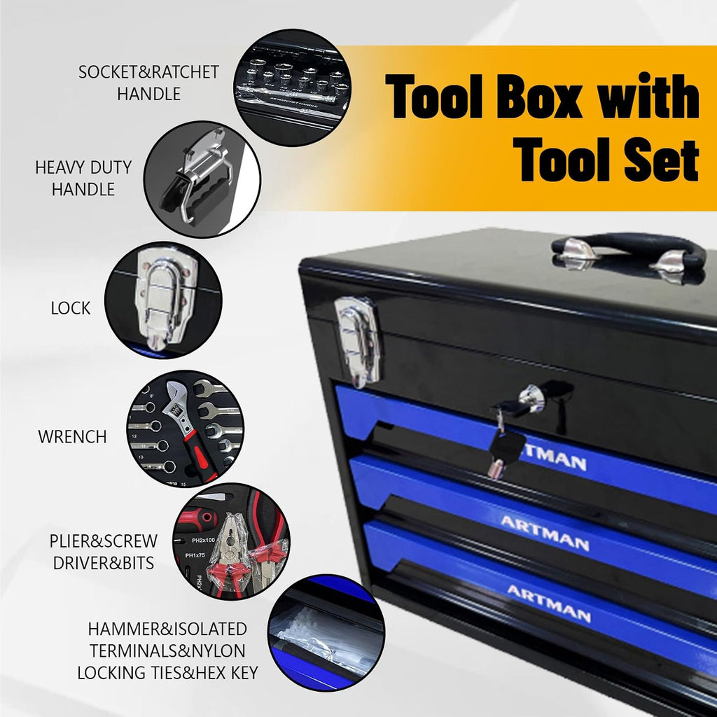 439 Piece Tool Set with Tool Box, 3-Drawer Toolbox Storage Case with Lock Portable Tool Chest with Tool Set General Household Tool Storage Organizer for Garage Workshop, Black + Blue