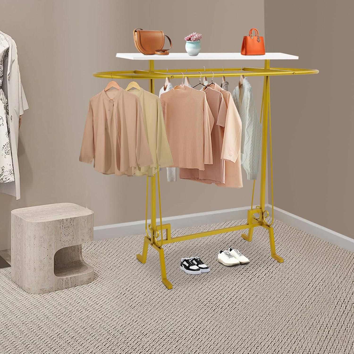 59x55x19.6in Clothing Display Stand, Floorstanding Retail Ellipse Coat Rack, Commercial Clothes Hanging Rack with Top Panel, Metal Garment Rack for Shops, Boutiques Display (Gold)