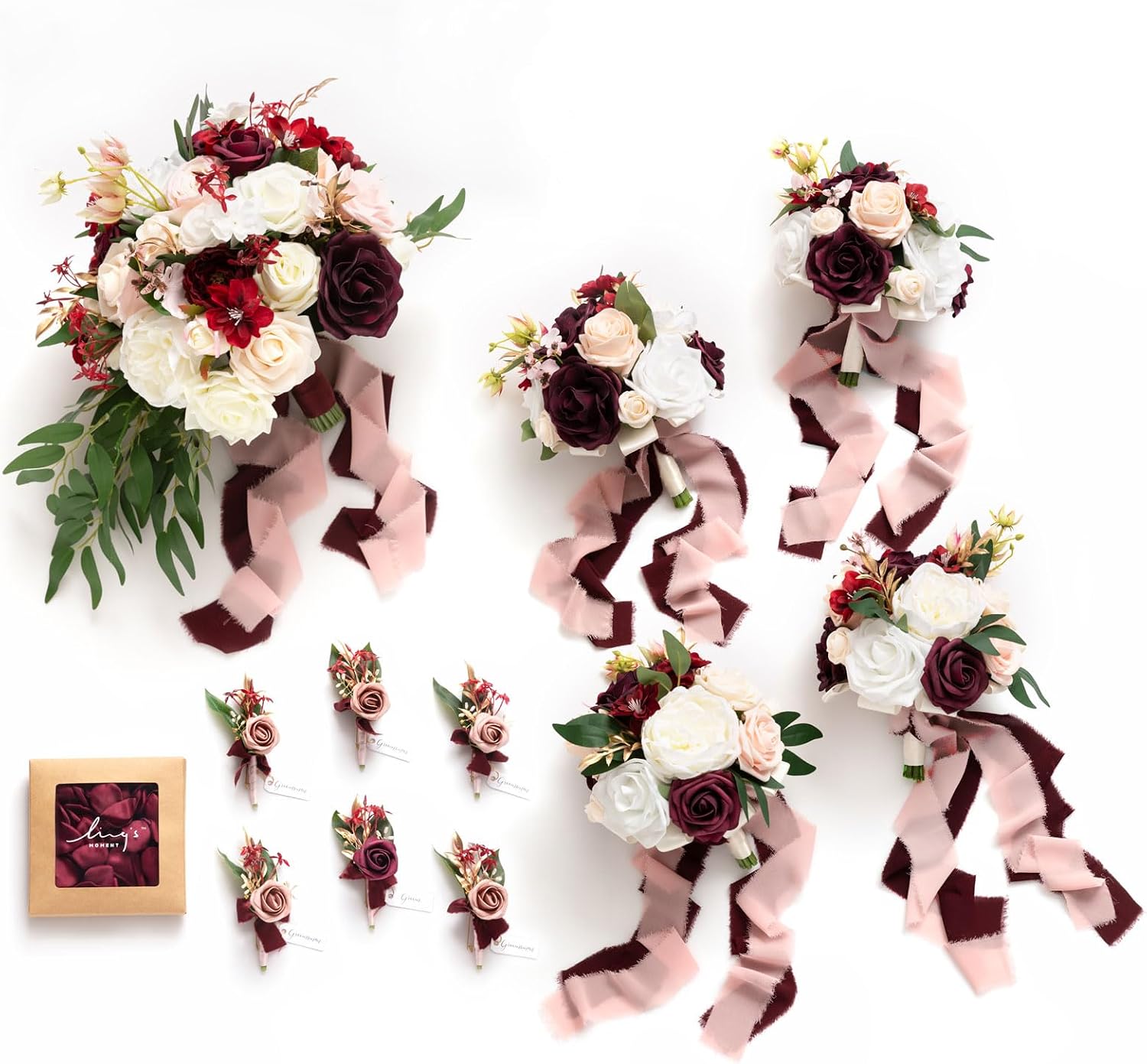 Ling's moment Wedding Artificial Flowers Package, Bridal Bouquet, Bridesmaid Bouquets, Boutonniere for Men, Rose Petals.Burgundy Blush