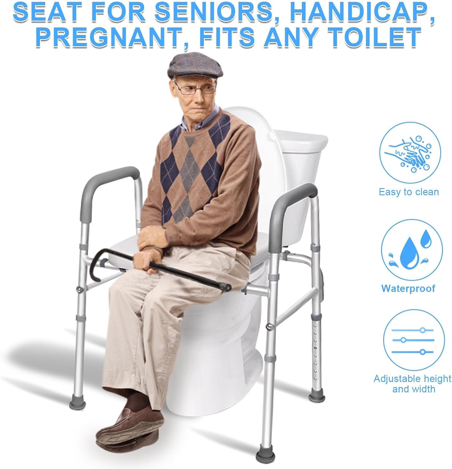 Adjustable Toilet Seat Riser for Seniors with Handles, Widened Commode Seat, rts Up to 300lbs, Ideal for Elderly Height & Width Adjustable (White)