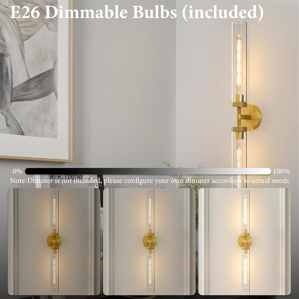 Knurled Brass Tube Wall Sconce - Set of 2 Luxury Modern Dimmable Sconces with Bulbs - Gold Glass Vanity Light Fixture - Vertical or Horizontal Mounted Indoor Lighting for Bathroom Bedroom Living Room