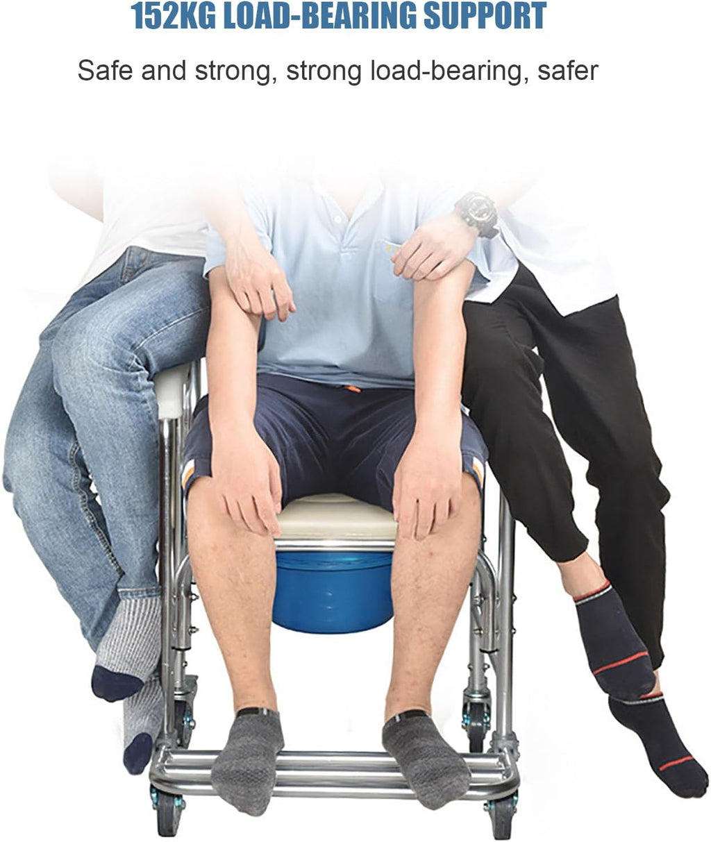 3-in-1 Shower Commode Wheelchair, Comfortable Padded Seat, Lightweight & Waterproof Rolling Over Toilet Chair, Ideal for Homecare, Weight Capacity 330 lbs, White