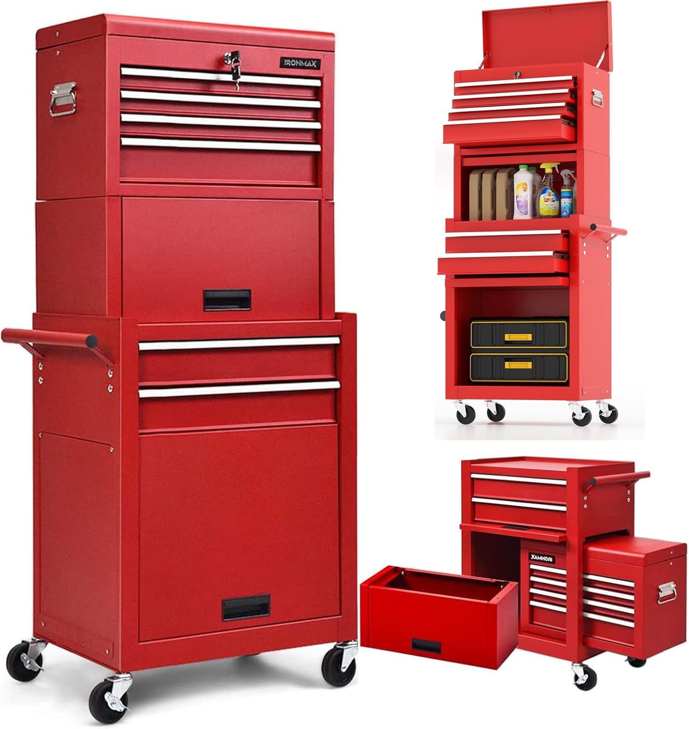 Goplus 6 Drawers Tool Chest, Rolling Metal Tool Box with Universal Wheels, Protective Liner, Detachable Top Toolbox, Auto Lock, 3-in-1 Large Tool Cabinet for Garage Shop Auto Repair