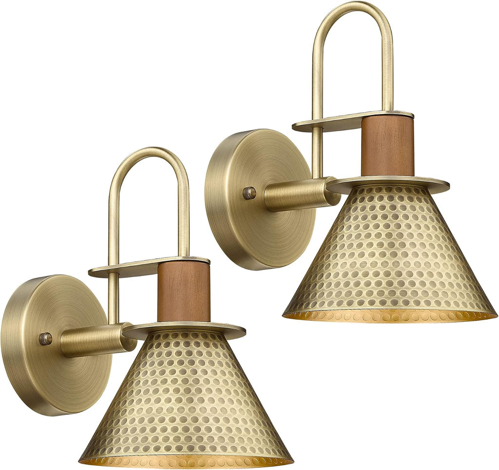 Industrial Wall Sconces Set of Two, HWH Indoor Wall Light Fixtures Barn Light, Single Wall Vanity Lamp for Bedroom Bedside Kitchen, Hammered Metal Shade, Antique Brass Finish, 5HZG74B-2L BG