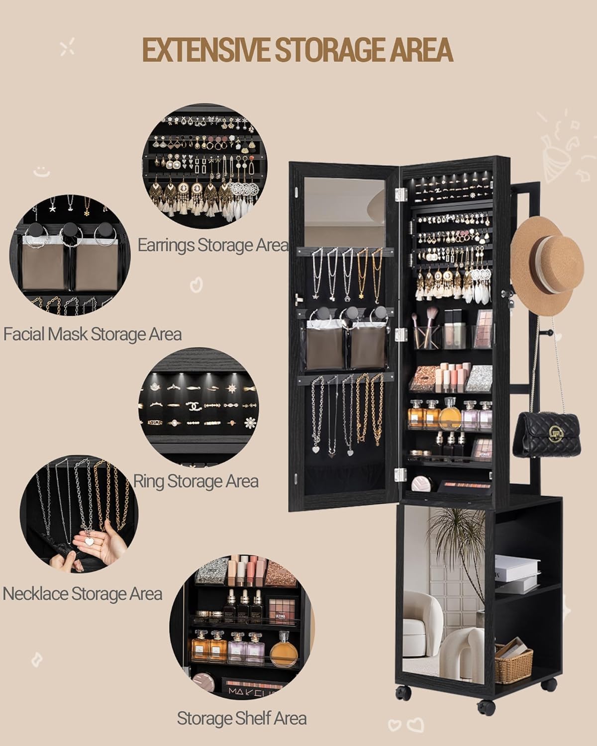 Hzuaneri 8 LEDs Jewelry Cabinet Armoire, 66.9-inch Jewelry Organizer with Garment Rack, Lockable Full-length Mirror with 4 Wheels, Storage Shelves with Hooks, 5-in-1, Black JC17004B