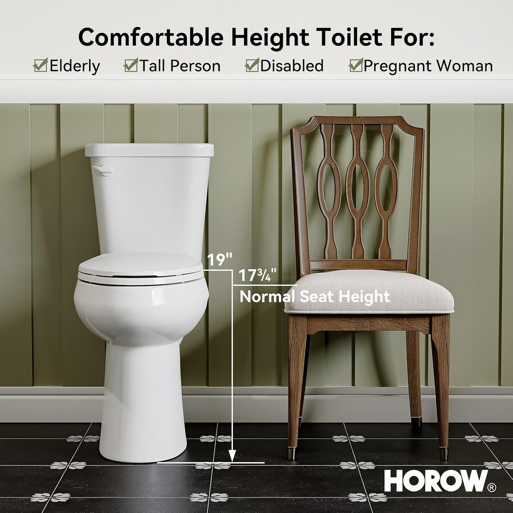 HOROW 19 Inch Tall Toilets, Extra High Toilets with Comfort Chair Height Seat, MAP 1000g, 1.28 GPF Single Flush Two-Piece Toilet, Elongated Bowl for Seniors, Pregnant, Disabled & Tall Person, White