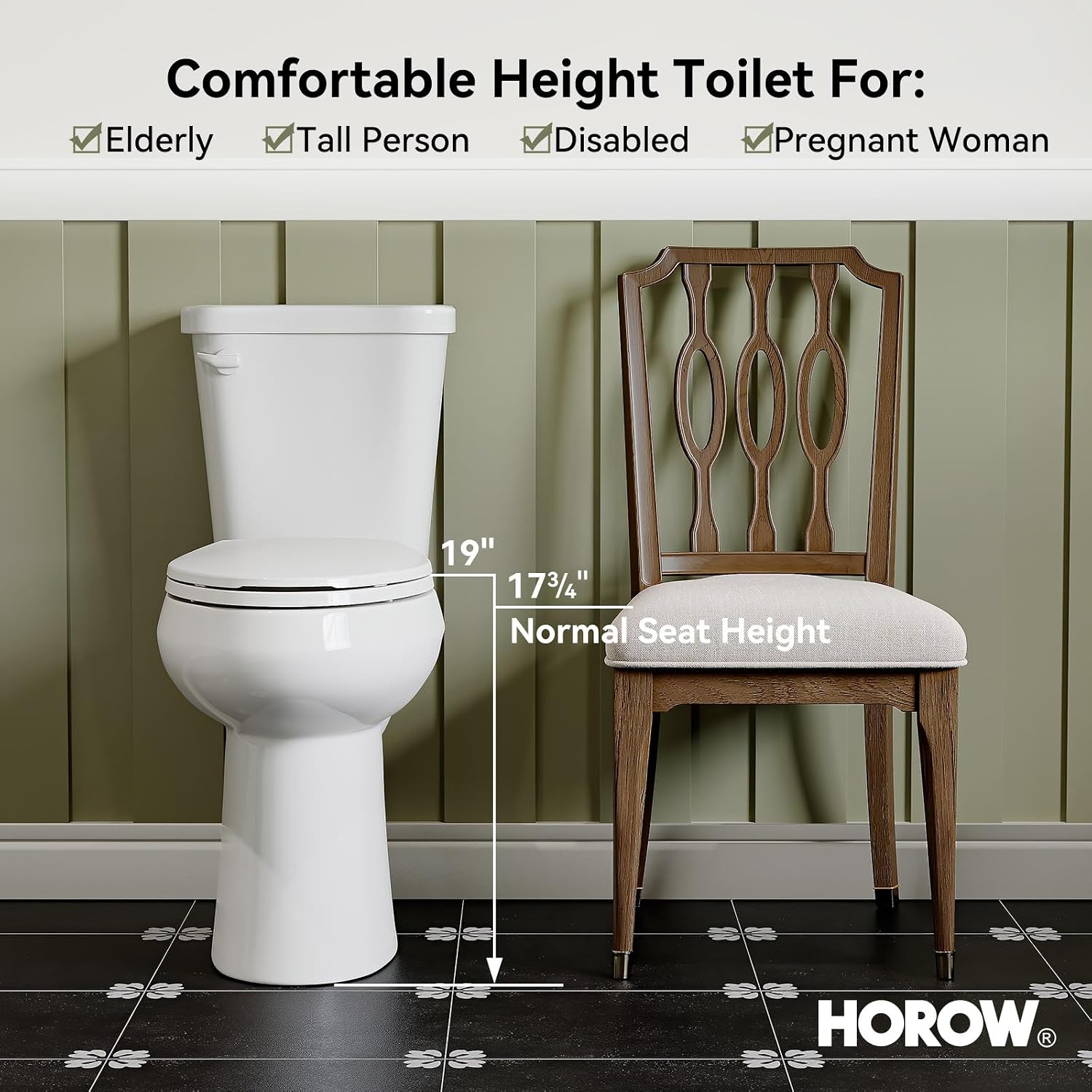 HOROW 19 Inch Tall Toilets, Extra High Toilets with Comfort Chair Height Seat, MAP 1000g, 1.28 GPF Single Flush Two-Piece Toilet, Elongated Bowl for Seniors, Pregnant, Disabled & Tall Person, White
