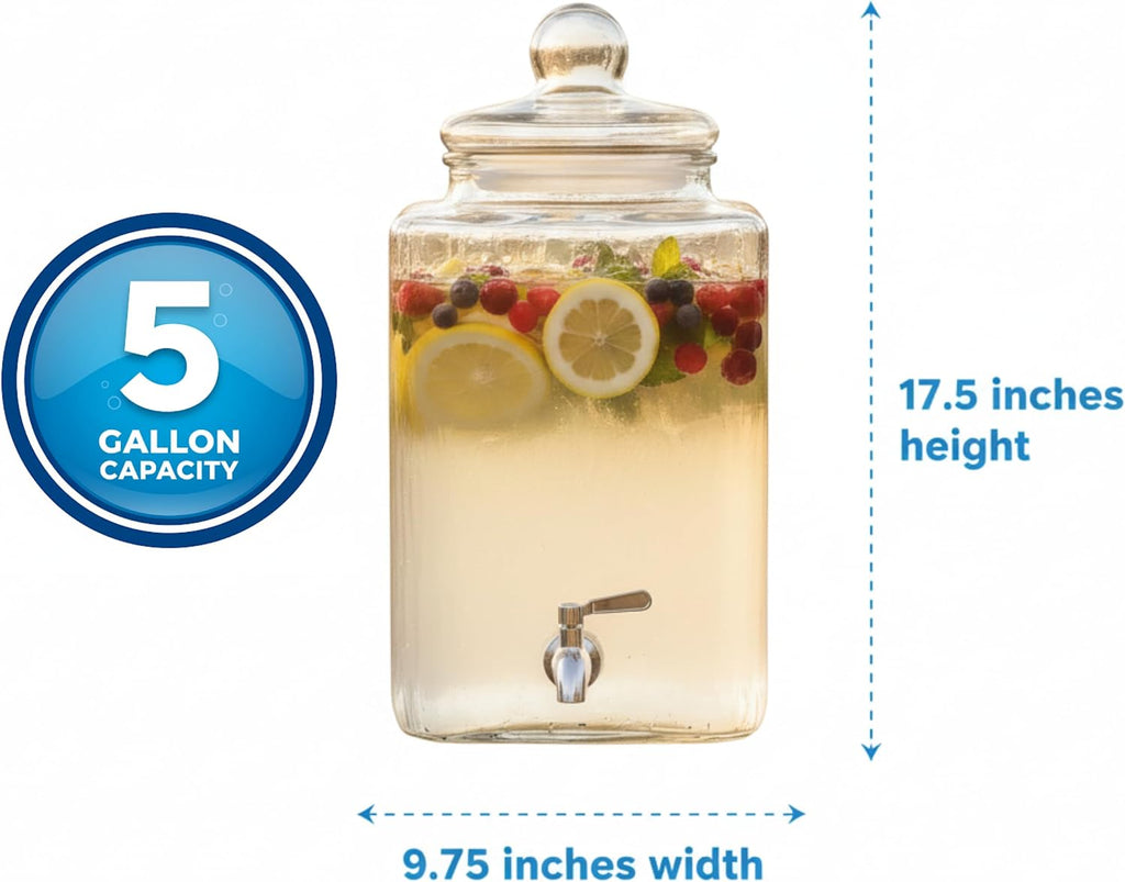 Extra Large 5 Gallon Glass Beverage Dispenser with Stainless Steel Spigot – Bulk Drink Container for Parties, Events, Weddings & Home Use