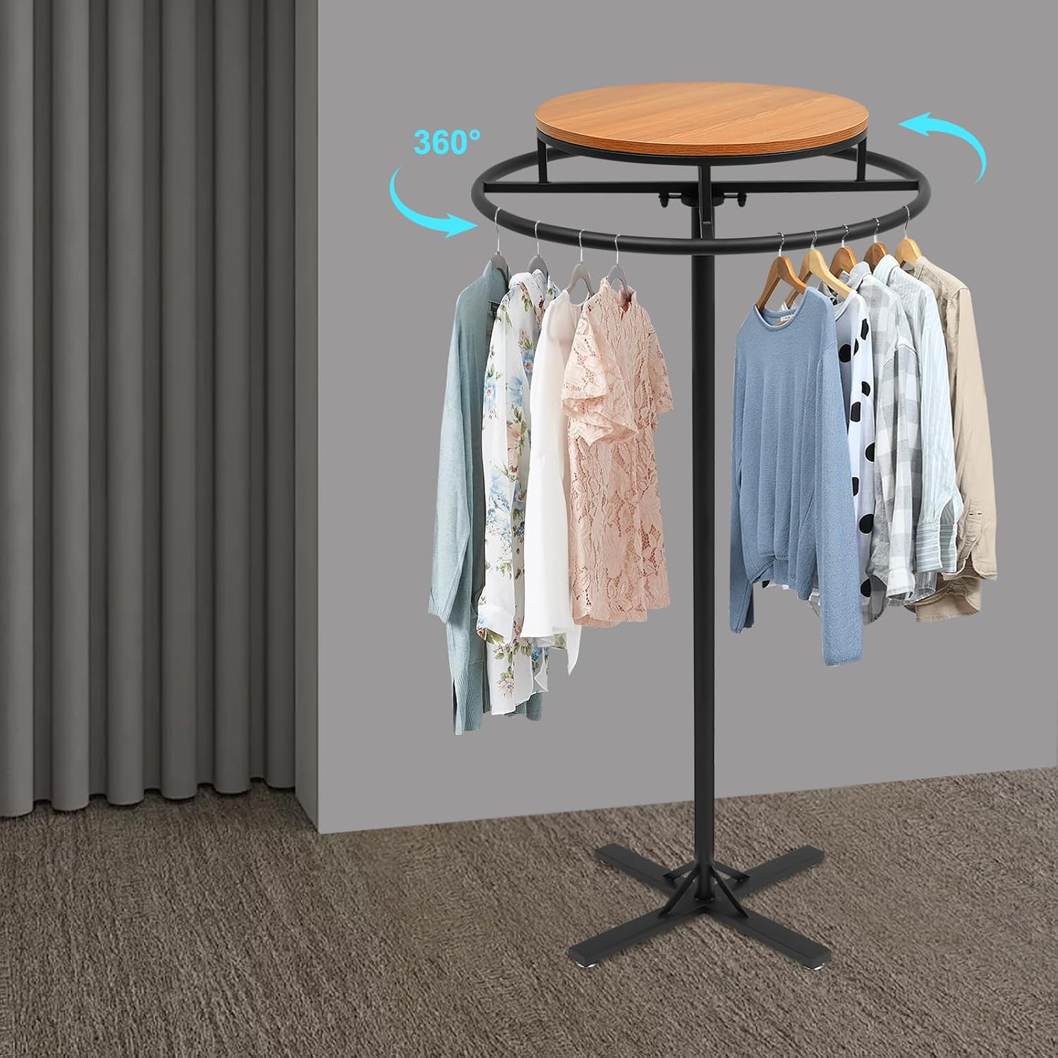 28 * 51 inch Retail Clothing Garment Racks with Display Table, Black 360° Rotatable Floor-Standing Clothes Storage Rack for Bedrooms Boutiques Retail Commercial Shop Laundry Room