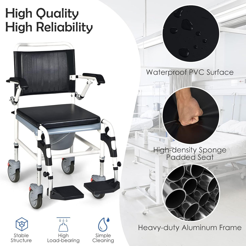 GYMAX 4-in-1 Bedside Commode, Shower Chair with Lockable Wheels, Height Adjustable Rolling Toilet Chair with Detachable Bucket, Portable Handicap Transport Wheelchair for Adult, Disabled, Elderly