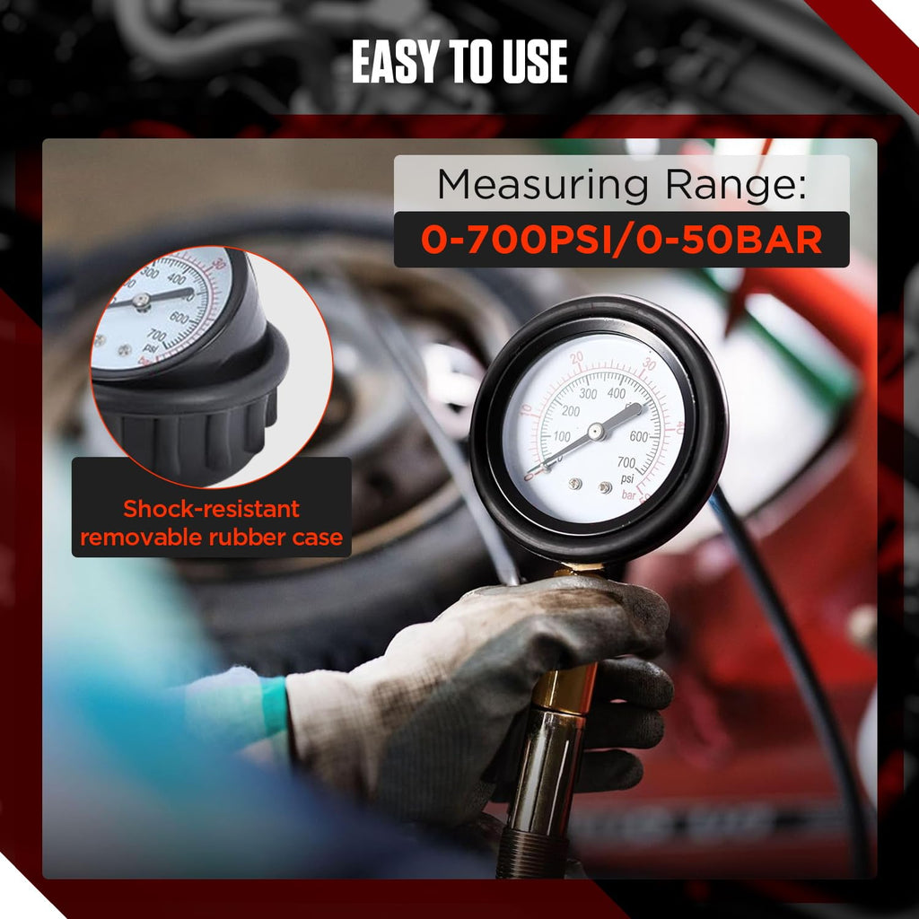 Petrol & Diesel Engine Compression and Leakage Test Kit – 47PCS Comprehensive Pressure Gauge Tool Set for Diagnosing Engine Issues Fits for Most Cars, Trucks and Motorcycles