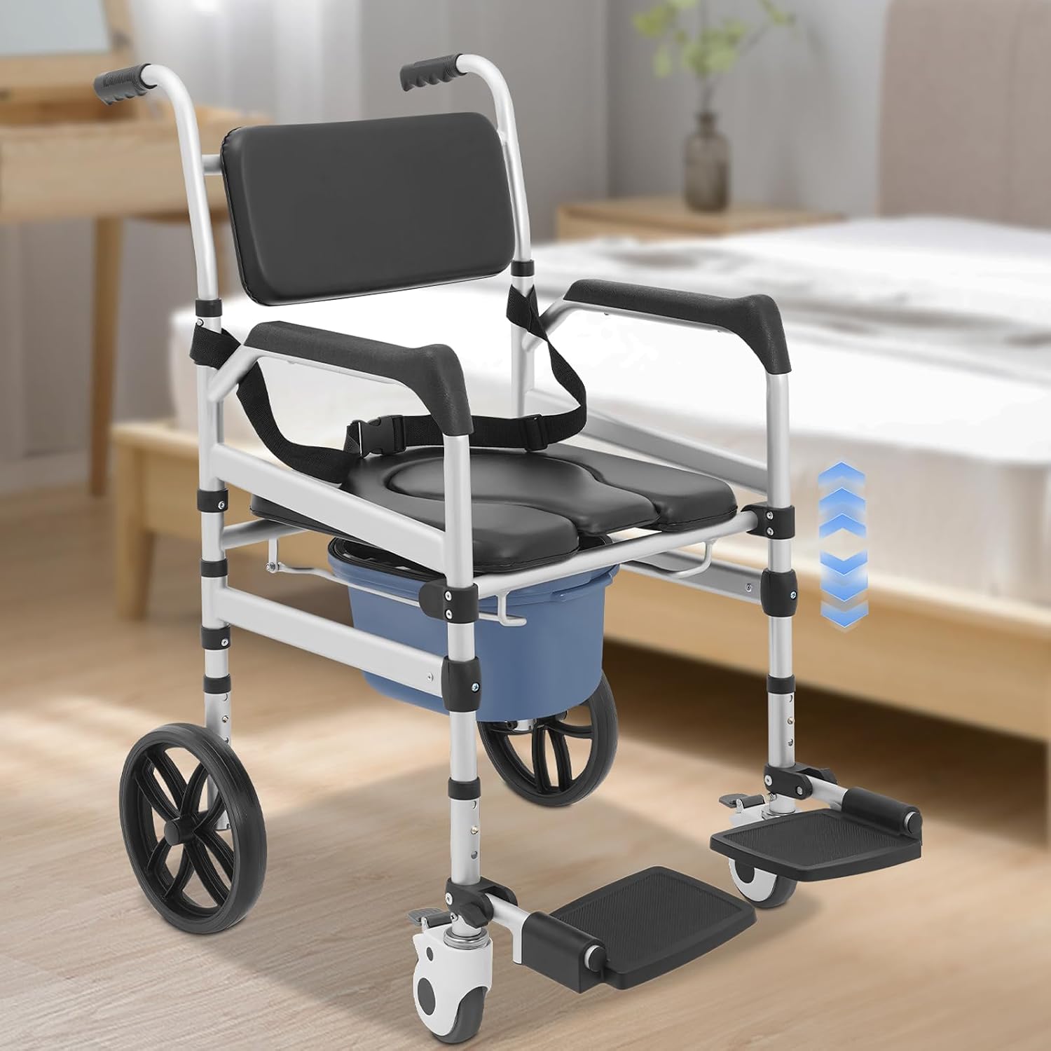 Foldable Shower Chair, Shower Wheelchair with Lockable Wheels Rolling Bedside Commode for Toilet with Height Adjustable & Sponge Padded Seat for Elderly and Disabled Support 330lbs (U-S)