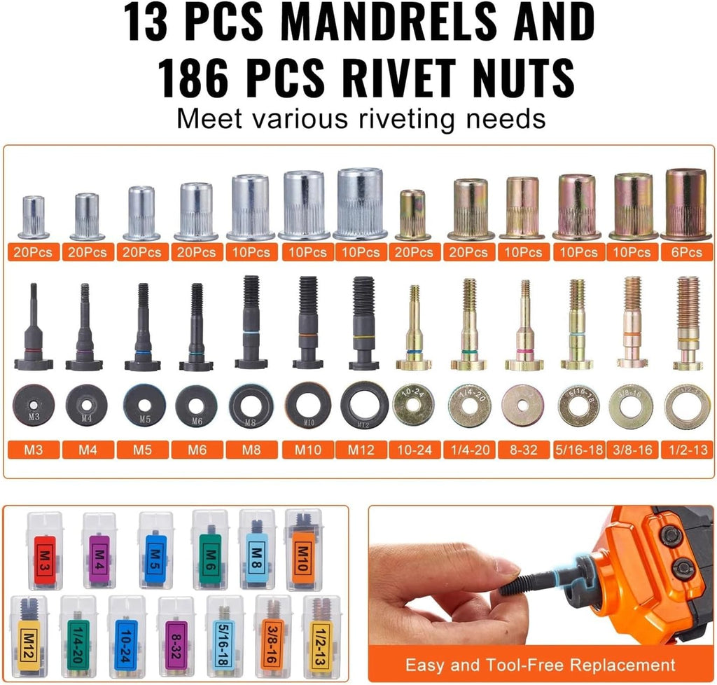 16' Rivet Nut Tool, Labor-Saving Rivnut Tool Kit with 13PCS Metric SAE Mandrels, 186PCS Rivet Nuts, with Carrying Case