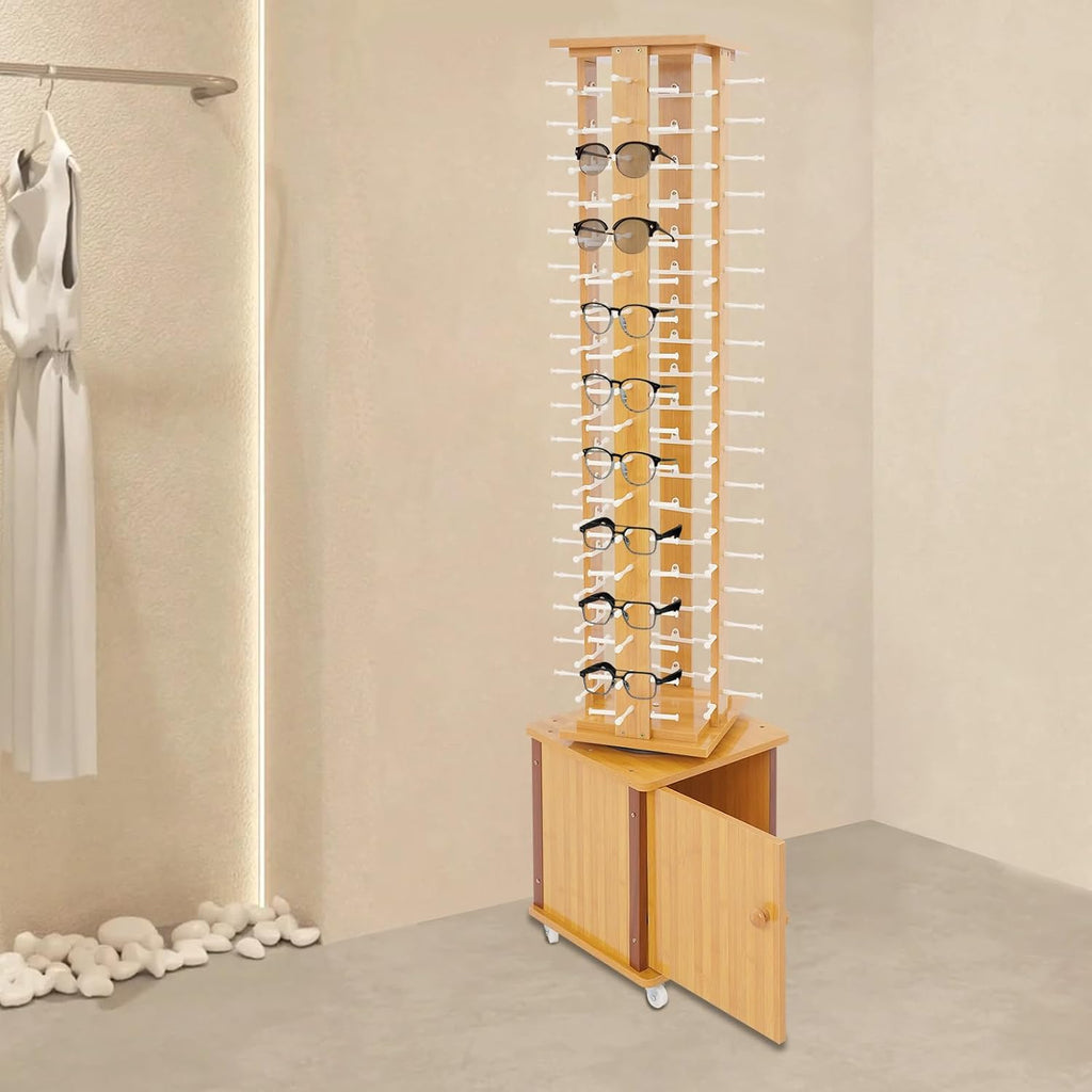 Retail Eyeglass Displays & Racks,Rotating Glasses Display Stand Holds up to 72 Pairs, Floor Standing Wood Eyewear Hanging Rack, Commercial Sunglasses Storage Organizer