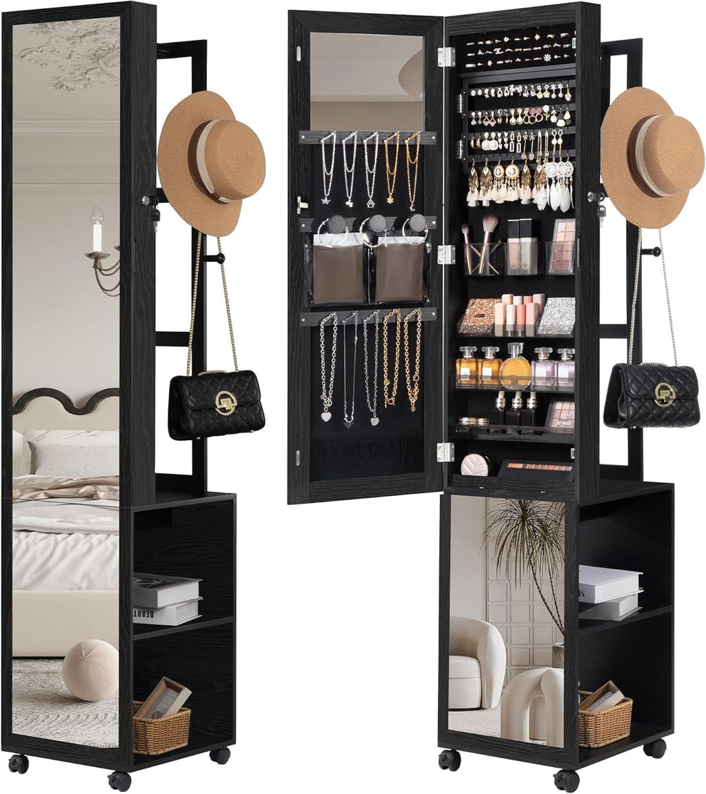 Hzuaneri 8 LEDs Jewelry Cabinet Armoire, 66.9-inch Jewelry Organizer with Garment Rack, Lockable Full-length Mirror with 4 Wheels, Storage Shelves with Hooks, 5-in-1, Black JC17004B