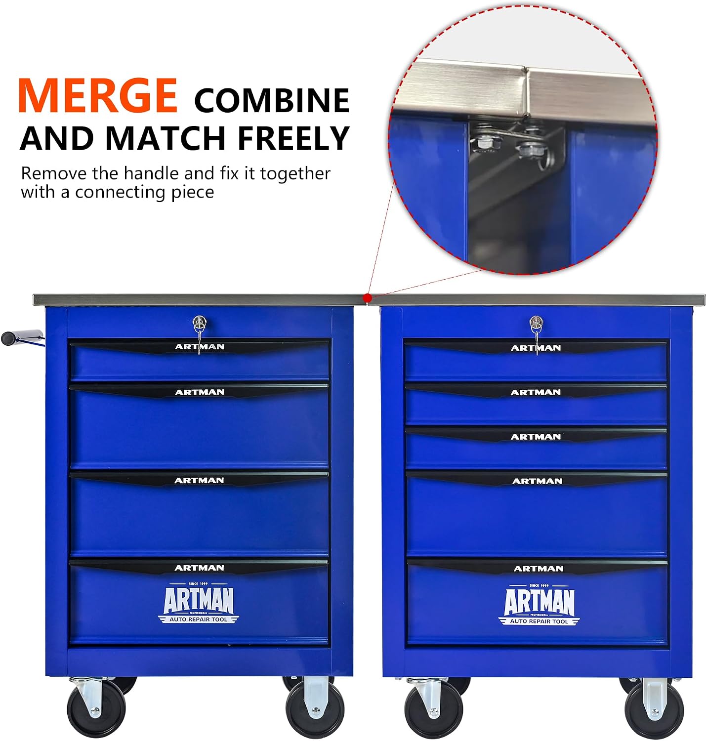 4 Drawers Tool Cart on Wheels with Stainless Steel Worktop, Heavy Duty Mobile Rolling Drawer Tool Chest with Locking Wheels & Lockable Drawers, Garage Tool Storage Cabinet (Blue, 4 Drawers)