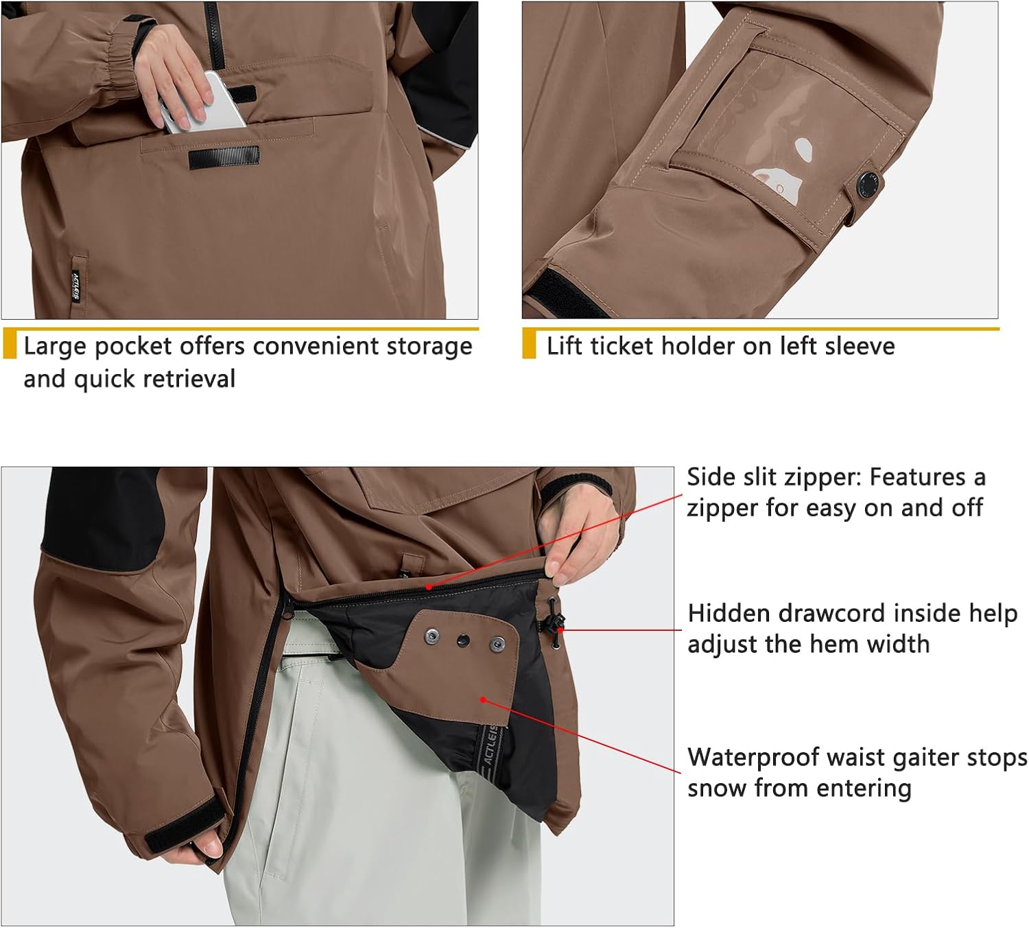 Mens Pullover Snowboard Jacket Waterproof Hooded Insulated Ski Jacket Warm Winter Snow Coat