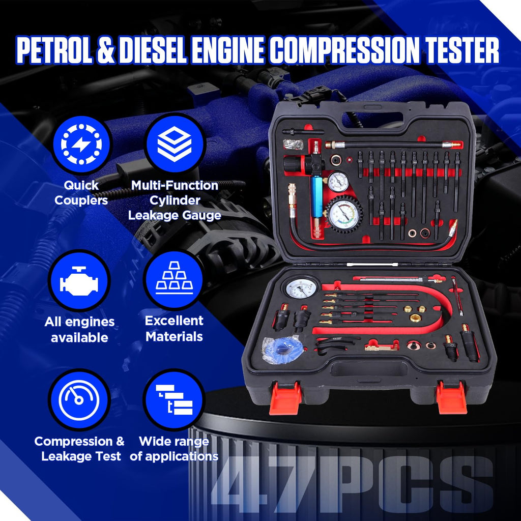 Compression and Leakage Test Kit 47PCS Petrol & Diesel Engine Compression Tester Automotive Cylinder Leak Down Tester Kit with Dual Gauge Engine Compression Tester Kit for HDi, TDCi, Pumpe Duse Engine