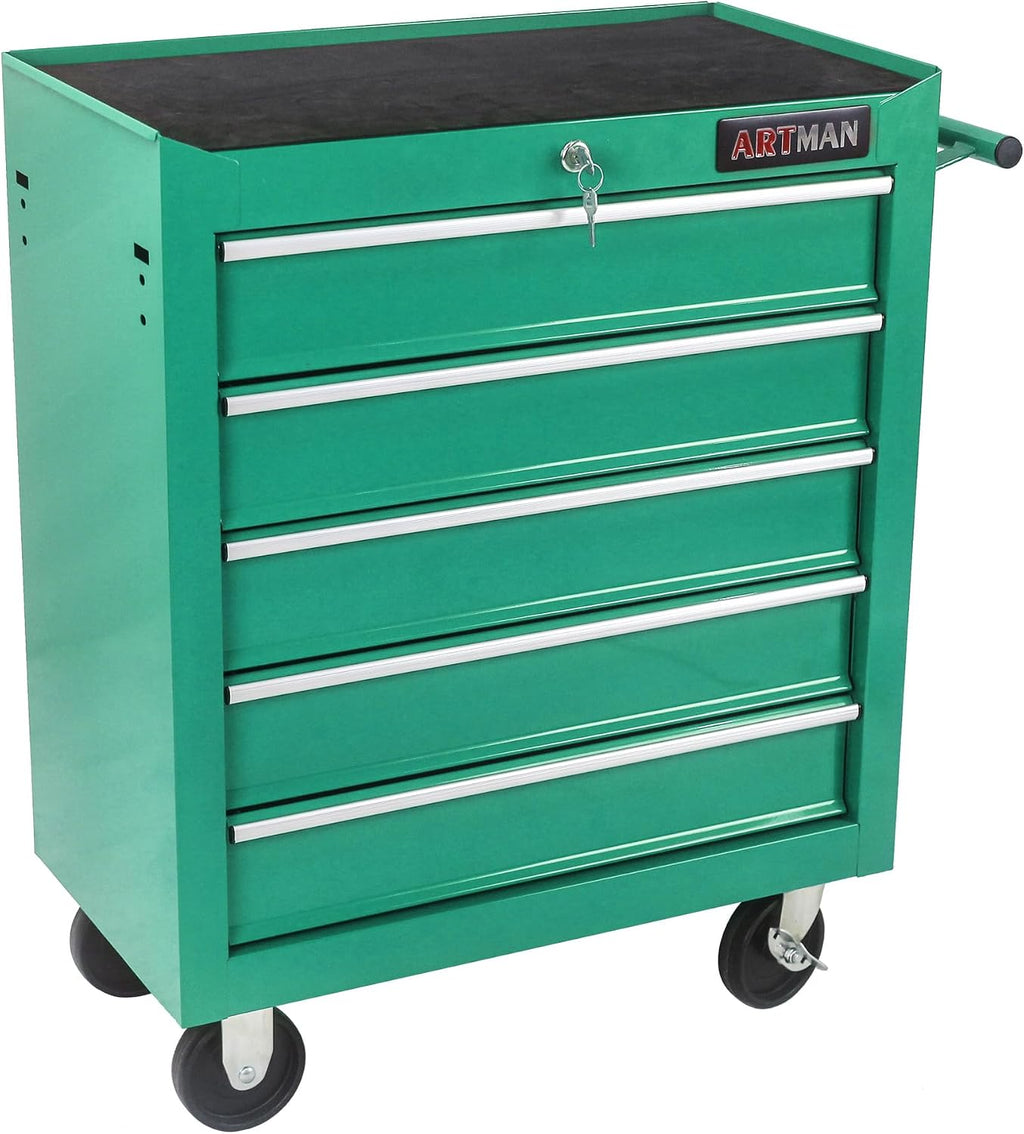 5-Drawer Tool Cart on Wheels, Drawers Rolling Tool Chest with Key Lock, Mobile Trolley Organizer Tools Box with Locking Wheels & Ball Bearing Drawers for Garage,Warehouse,Repair Shop (Green)