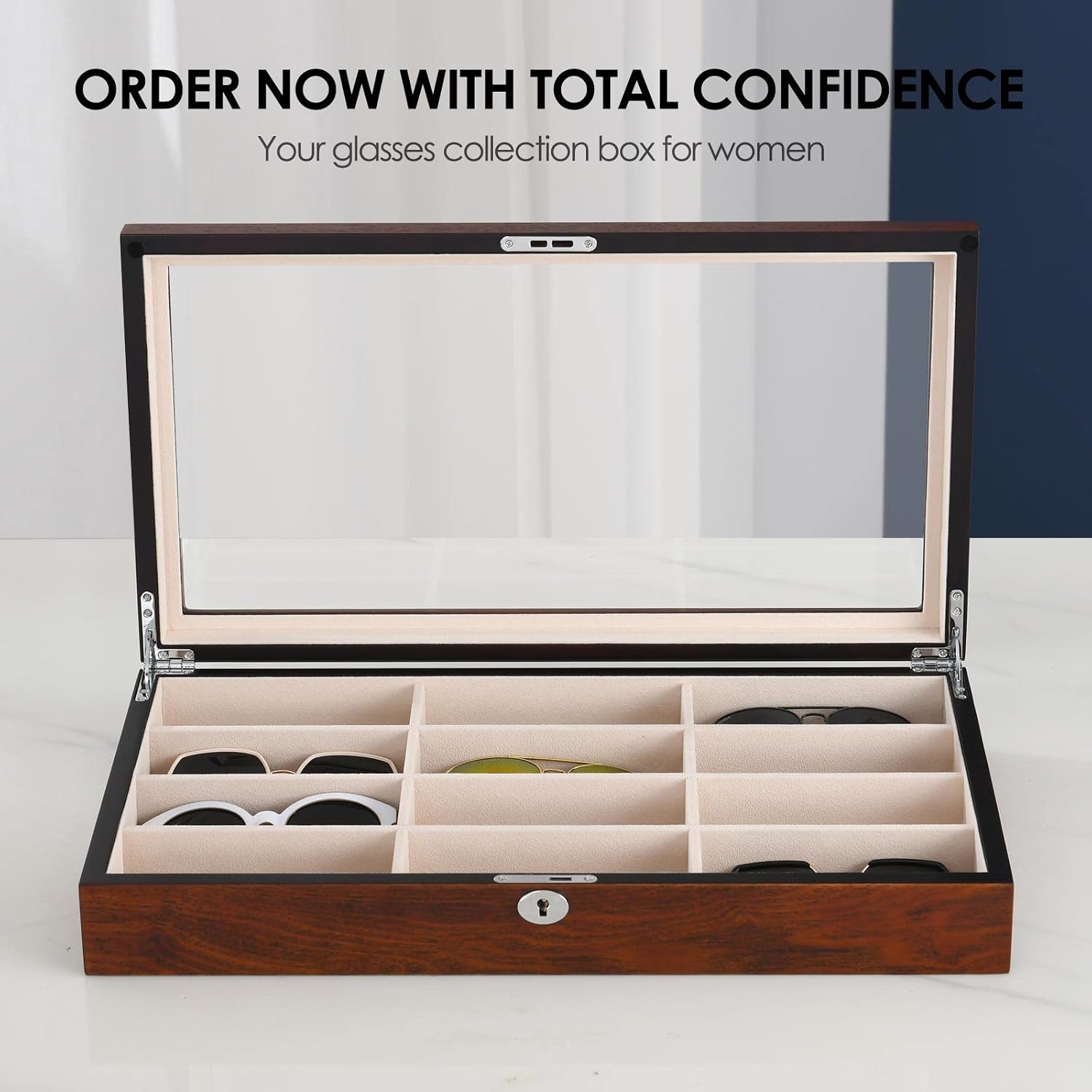 Sunglasess Organizer 12 Slot Wood Glasses Case for Women Men, Eyeglasses Storage Box, Sunglasses Holder Display
