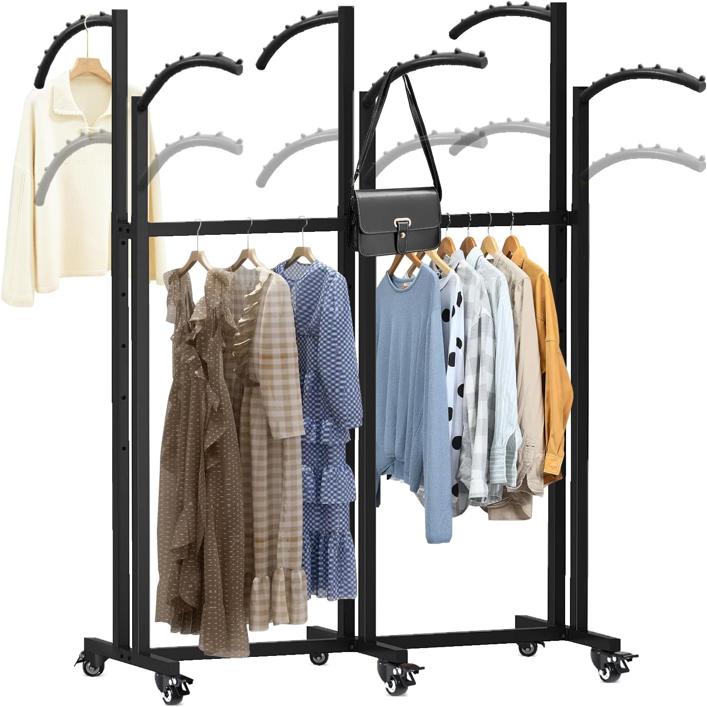 Floor Standing Metal Garment Rack, 6 Arms Clothing Display Rack with Wheels, Heavy Duty 48'' to 67'' Adjustable Height Rolling Retail Clothes Shirt for Hanging Clothes, Black