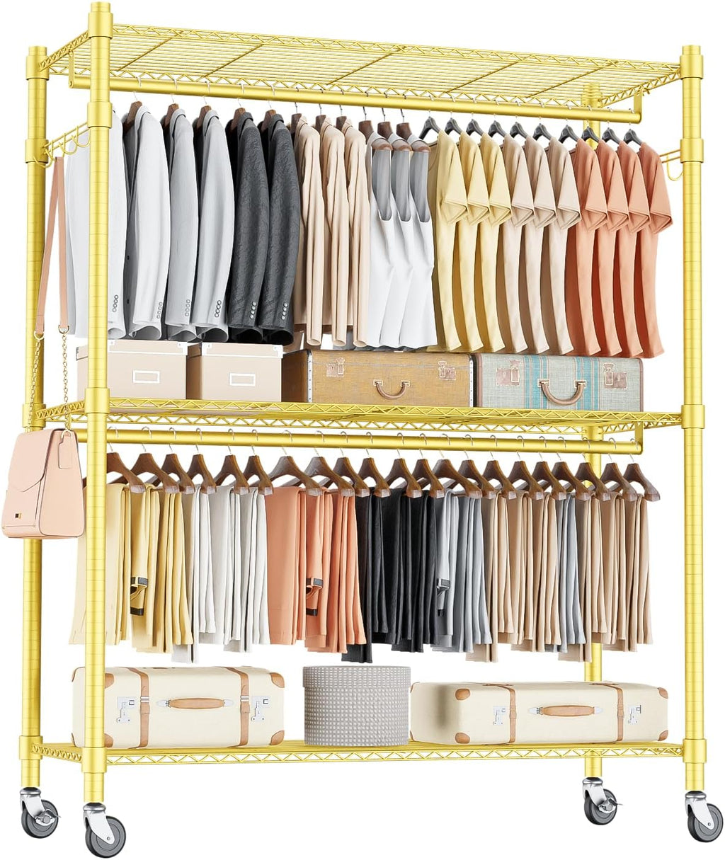Homdox Gold Heavy Duty Clothes Rack with Wheels, 3-Tier Rolling Metal Garment Organizer with Double Hanging Rods & Hooks, Freestanding Portable Closet, 17.72' D x 47.24' W x 80.71' H
