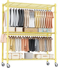 Homdox Gold Heavy Duty Clothes Rack with Wheels, 3-Tier Rolling Metal Garment Organizer with Double Hanging Rods & Hooks, Freestanding Portable Closet, 17.72' D x 47.24' W x 80.71' H