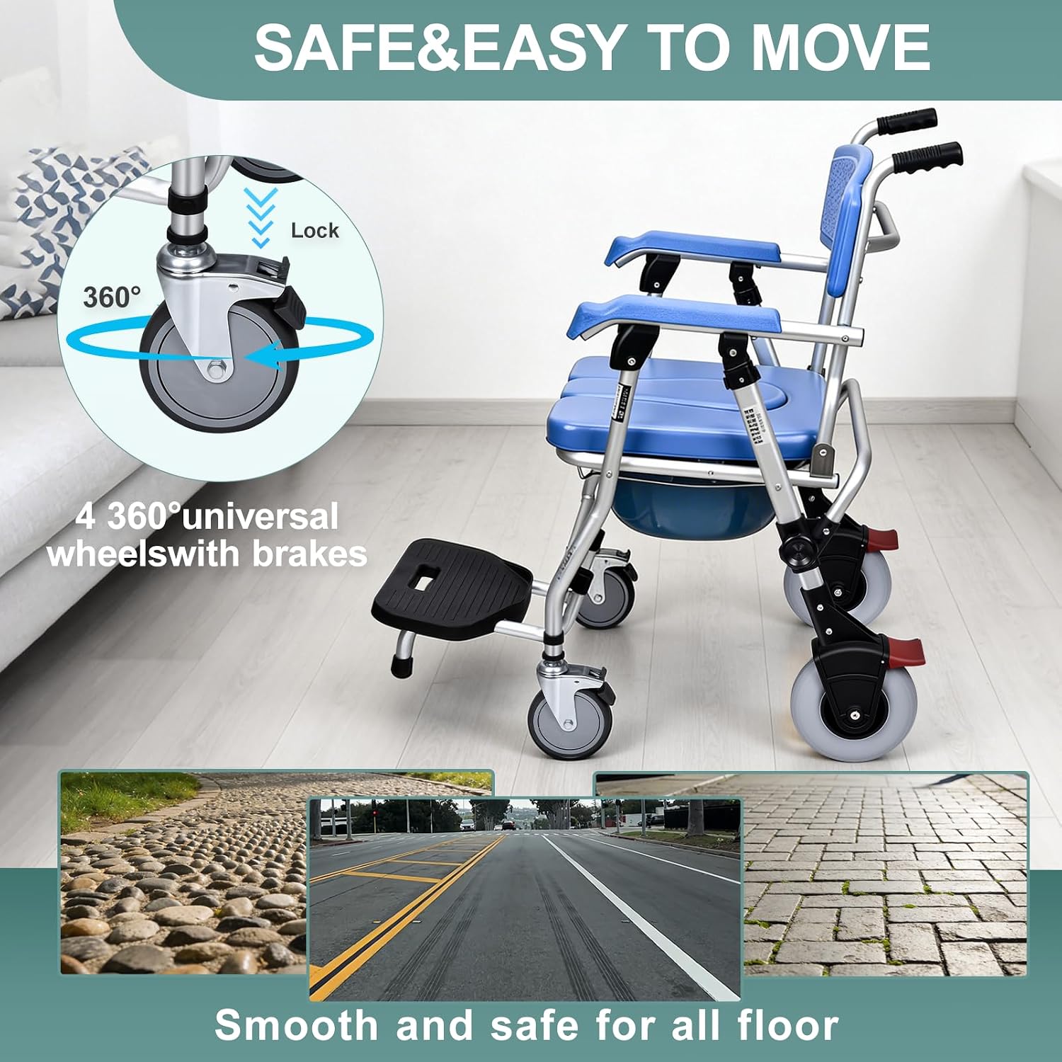 Bedside Commode with Wheels - Anti-Sponge Padded Seat, Foldable Mobile Toilet Shower Stool with 300 LBS Weight Capacity, Portable Toilet with Bucket for Elderly and Disabled
