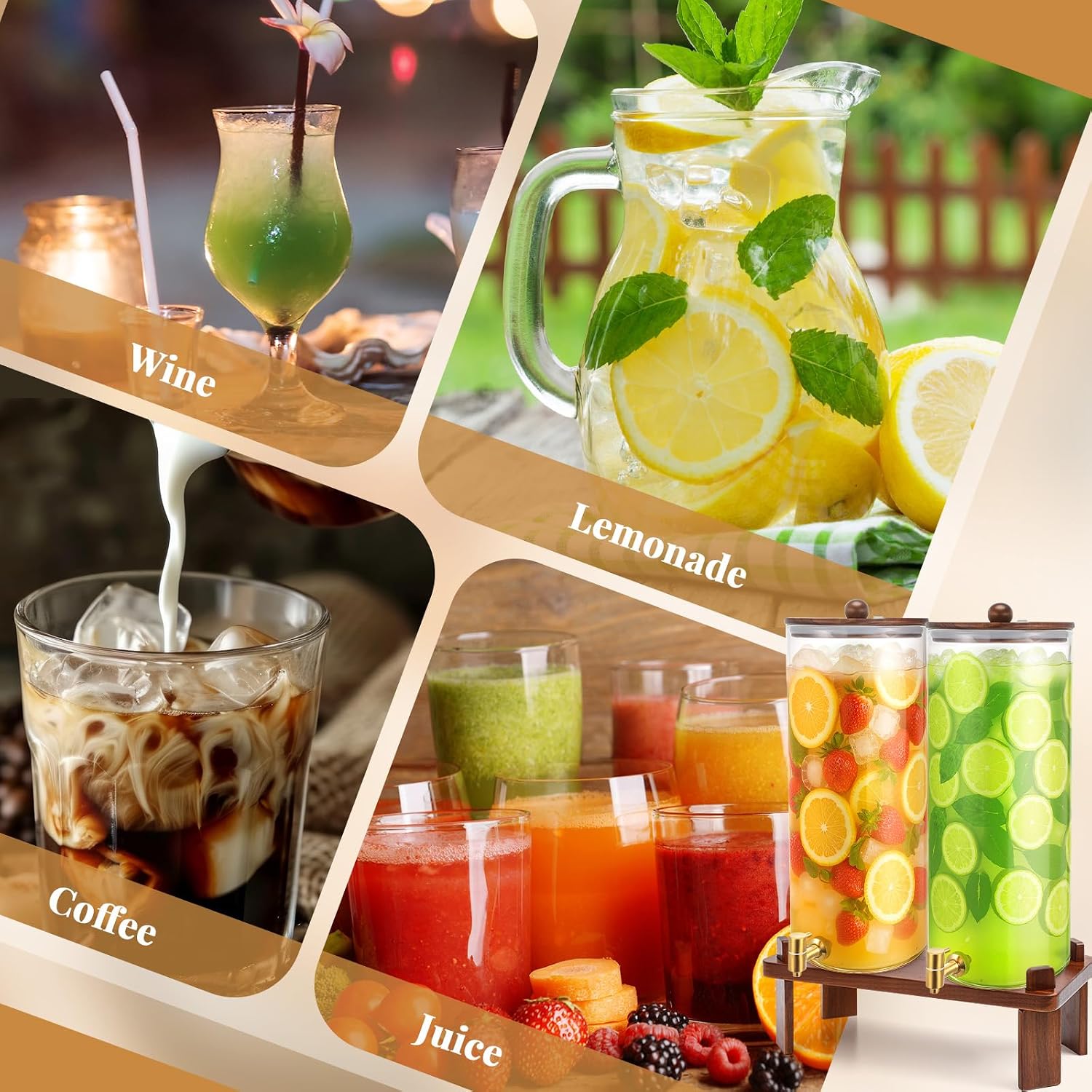 FillTouch 2 Pack 4 Gallon Glass Drink Dispenser with Acacia Wood Stand and Lid, Large Glass Beverage Dispenser with Spigot Perfect for Juice, Tea, Sangria, Lemonade, Weddings, Party, Outdoor Events