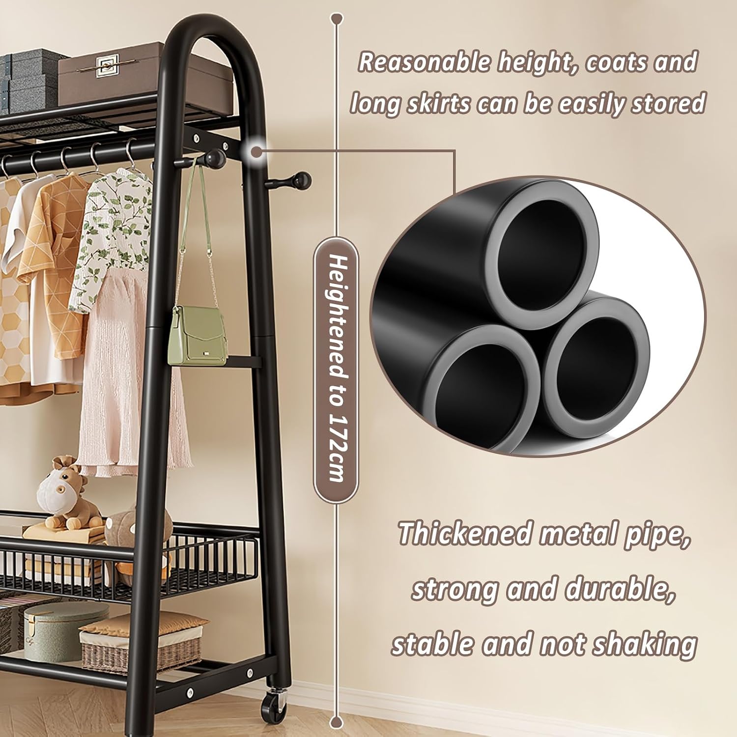 Heavy Duty Clothes Rack, Clothing Racks For Hanging Clothes, With Mesh Shelf, Rolling Garment Rack With Wheels, For Shirts, Coats, Jackets(White,80cm)