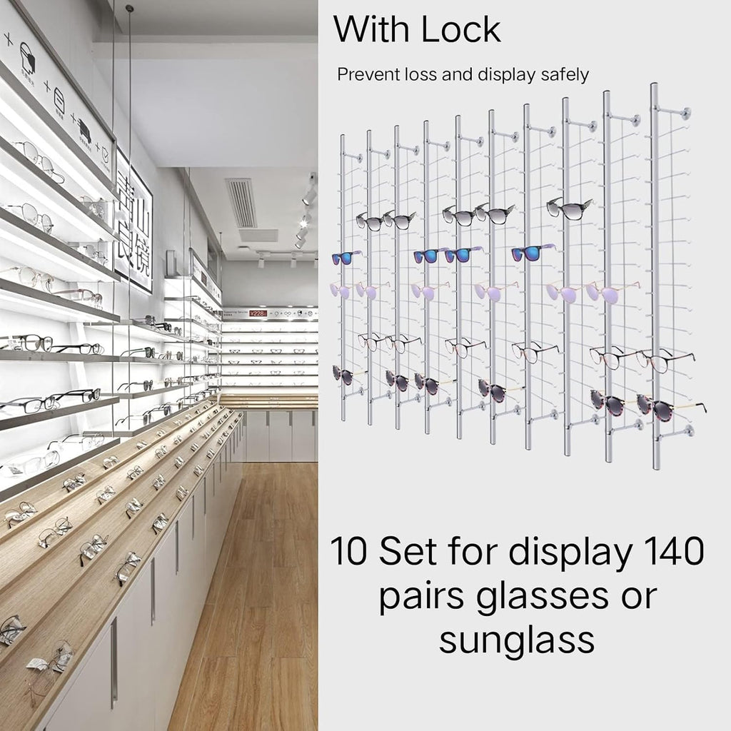 10 Set Retail Display 140 Pairs Wall Mount Eyeglass Sunglasses Display Stand Holder Rack With Lock, Multiple Glasses Organizer Hanging Sunglass Eye Glass Eyewear Display Rack