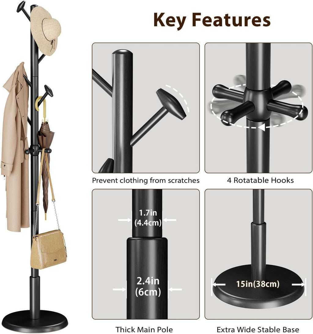 Taitiy Solid Wood Coat Rack Freestanding Coat Tree with 10 Hooks for Bedroom, Livingroom, Entryway, Sturdy Coat Hanger Stand for Hats, Coats, Scarves, Handbags, Purses