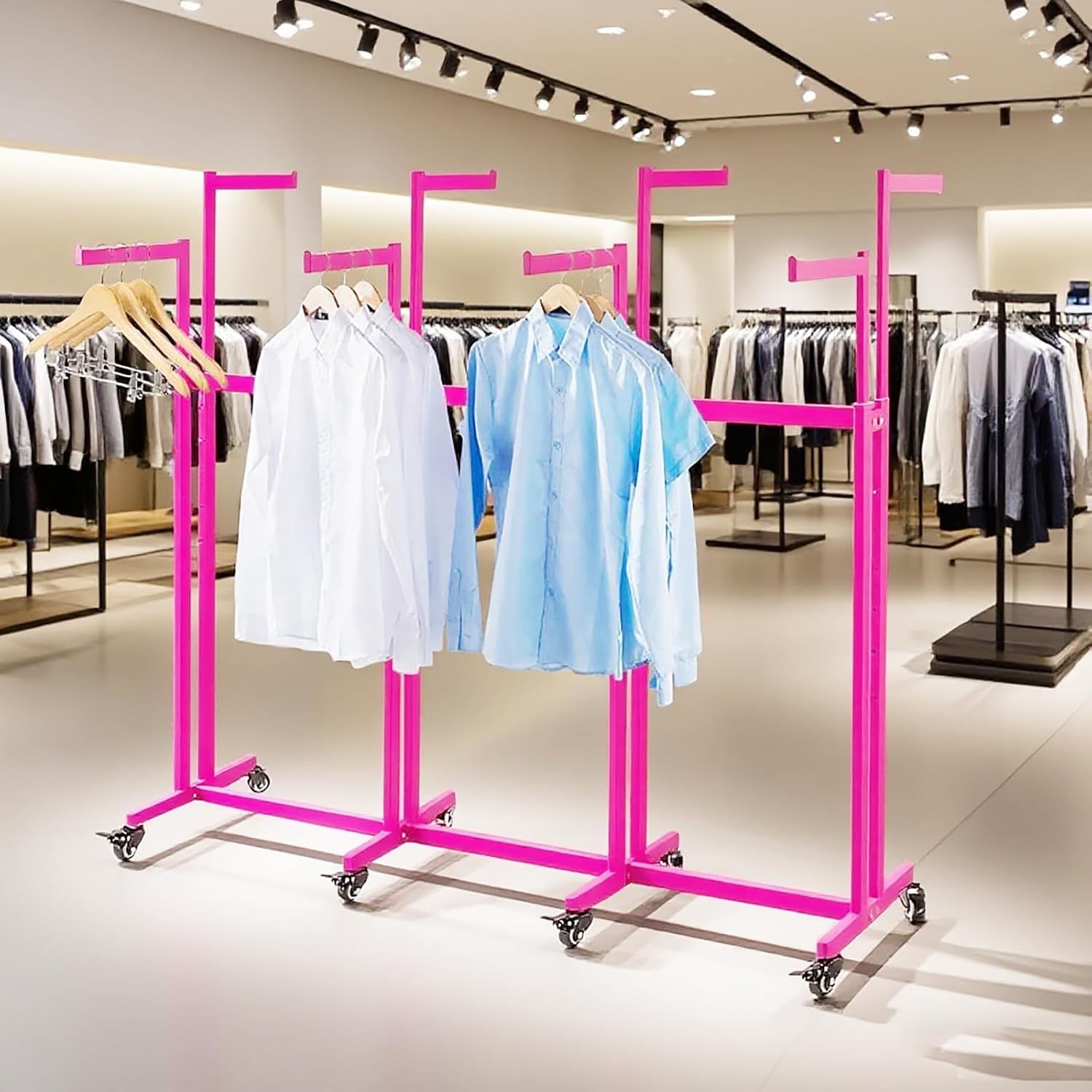 Floor Standing Metal Garment Rack - Heavy Retail Display Racks With Wheels, 8 Arms Clothing Rack, Square Tubing Portable Shirt Rack, Merchandise Display RackFor Hanging Clothes (L-Pink)
