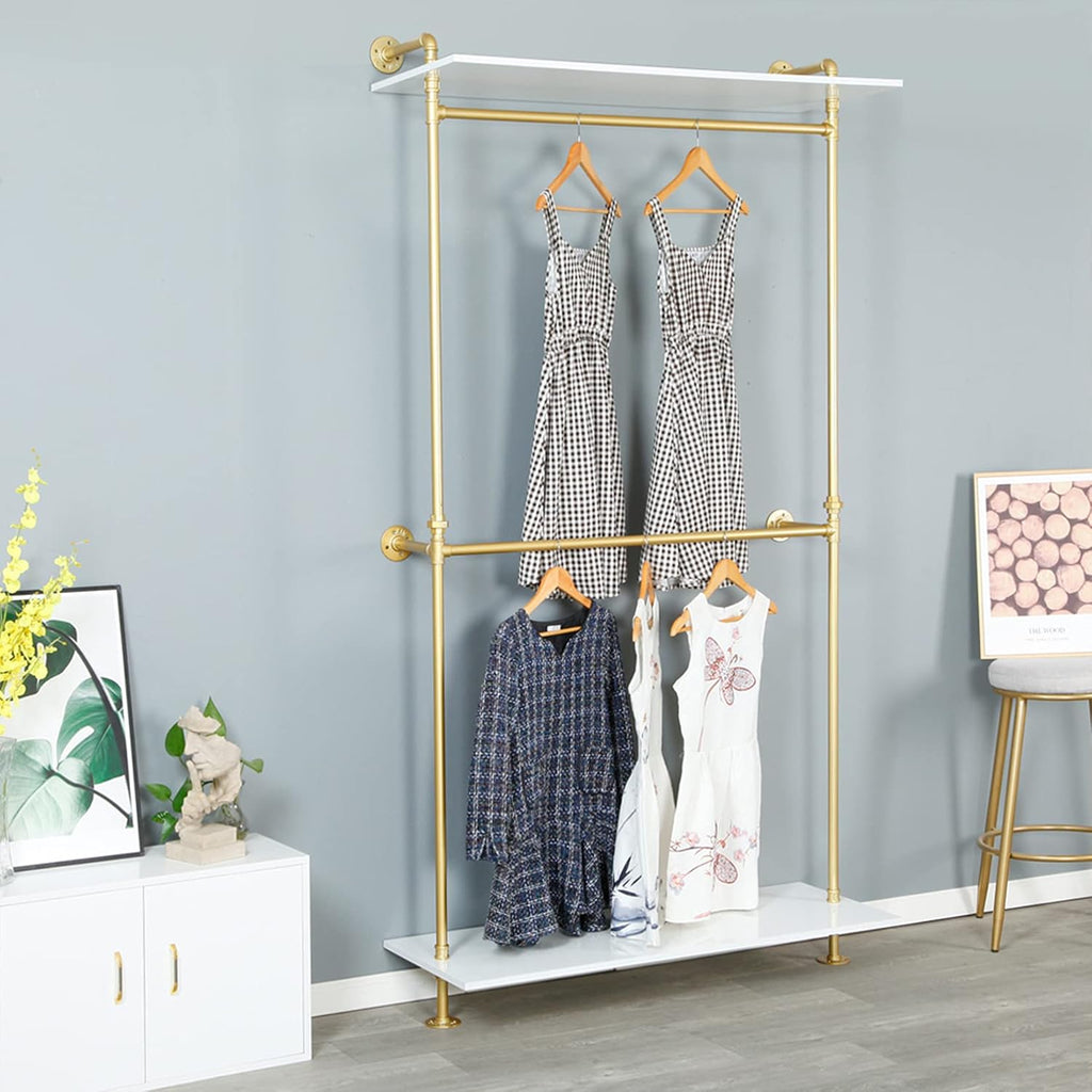 Modern Simple 2 Tier Industrial Pipe and Wood Garment Rack,Wall Mounted Double Hanging Rods Clothing Rack,Retail Display Storage Clothes Hanging Shelves (One Shelves,Gold, 47.2'L)