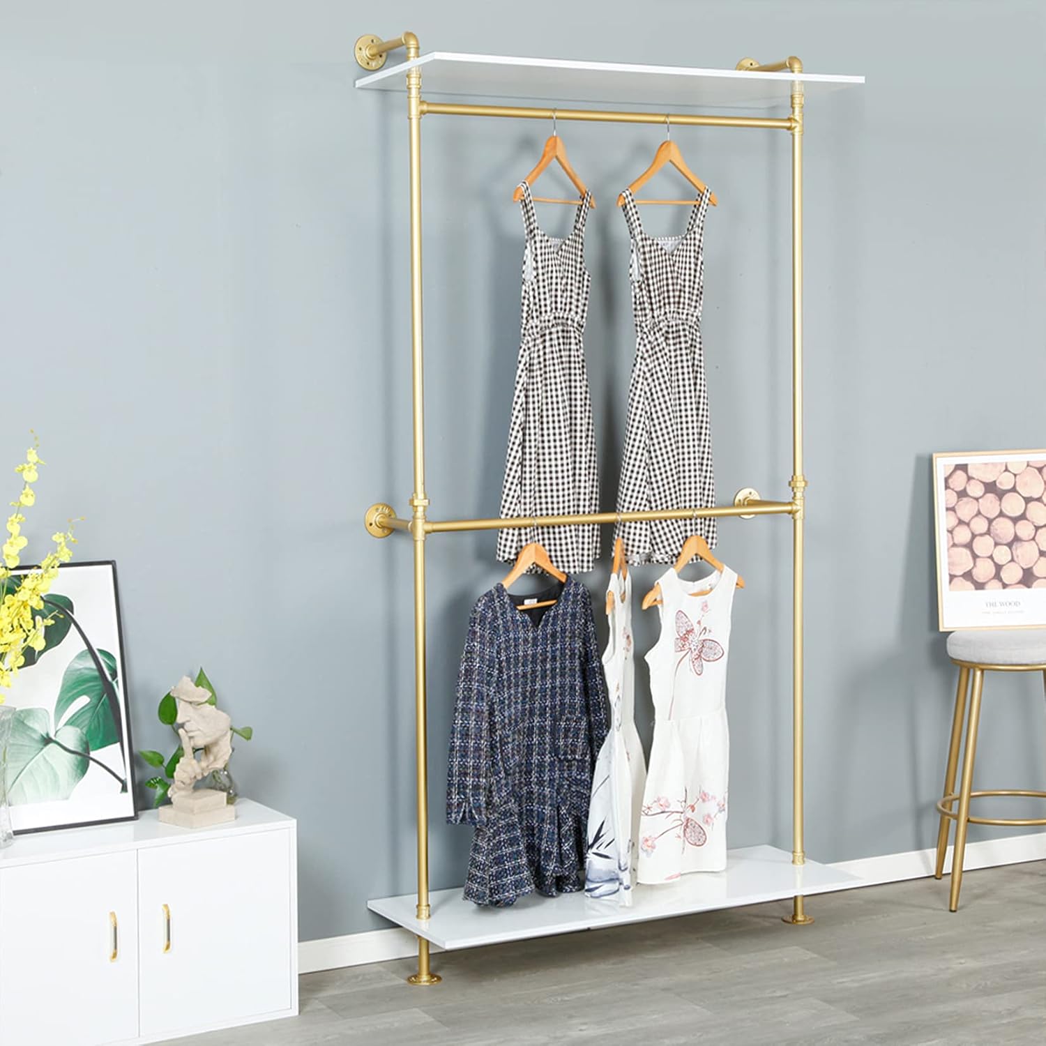 Modern Simple 2 Tier Industrial Pipe and Wood Garment Rack,Wall Mounted Double Hanging Rods Clothing Rack,Retail Display Storage Clothes Hanging Shelves (One Shelves,Gold, 47.2'L)