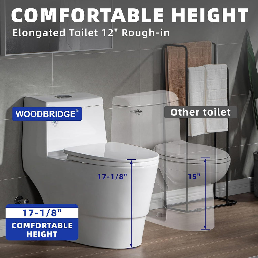 WOODBRIDGEE One Piece Toilet with Soft Closing Seat, Chair Height, 1.28 GPF Dual, Water Sensed, 1000 Gram MaP Flushing Score Toilet with Mattle Black, White,B0940-F-MB