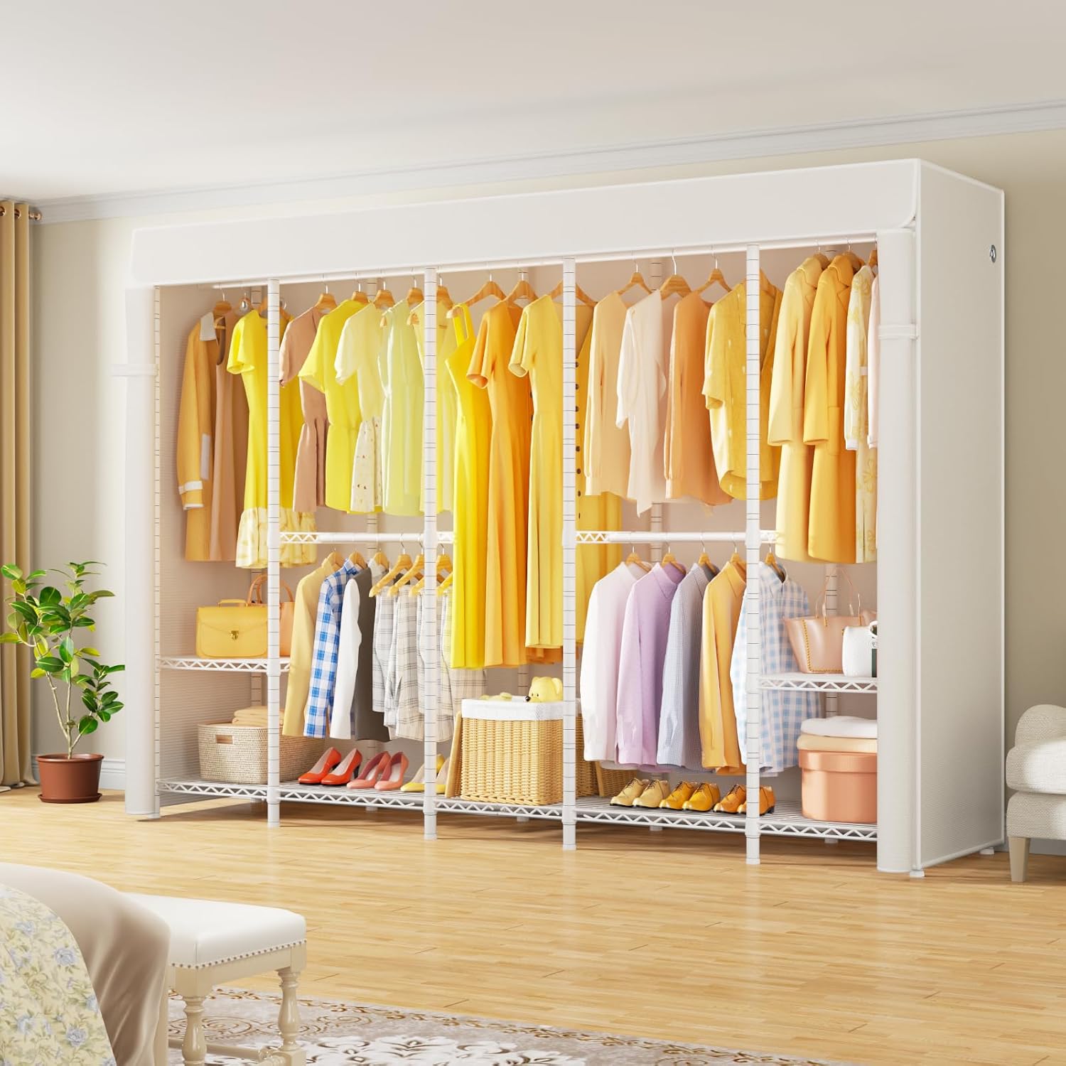 ULIFHOME H50C Extra Large Clothes Rack with Cover, Freestanding Portable Closet, Covered Clothing Racks for Hanging Clothes, Heavy Duty Garment Rack, Wardrobe Closet with White Cover Max Load 1350 Lbs