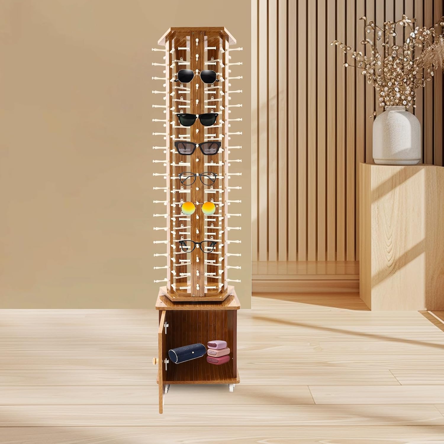 Rotating Sunglass Stand, 90 Pairs Sunglasses Racks Display Stand Case, Floor-standing Eyeglass Holder, Glasses Display Rack with Storage Cabinet Commercial Display Stand