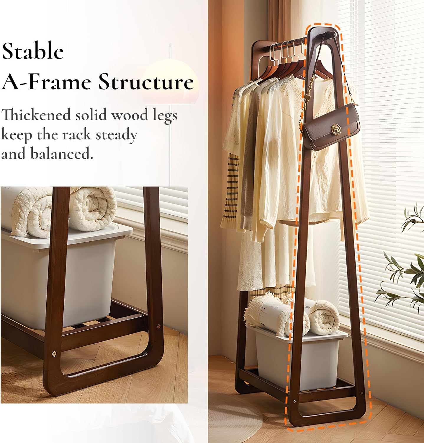 Solid Wood Clothing Rack with Shelf, Freestanding Garment Rack with Hooks, Rubberwood Clothes Organizer for Bedroom Entryway, Minimalist Wooden Clothes Stand (Walnut, 23.62 inches)