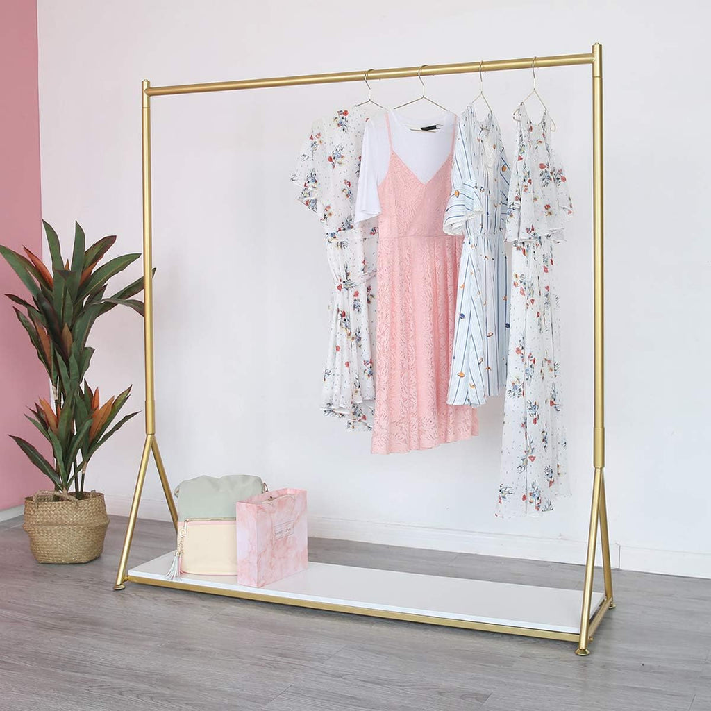HOMEKAYT Gold Clothing Rack with Shelf Heavy Duty Gold Garment Rack Gold Glothes Rack Modern Display Rack for Home, Boutique,Retail - 59''L