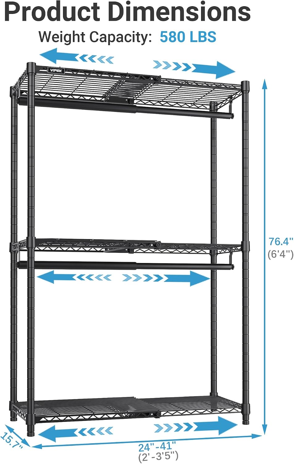 VIPEK X1 Expandable Clothes Rack Heavy Duty Adjustable from 2' to 3'5' with Adjustable Shelves and Hanger Rods, Reach-in & Walk-in Closets Metal Garment Racks Portable Closet, Black
