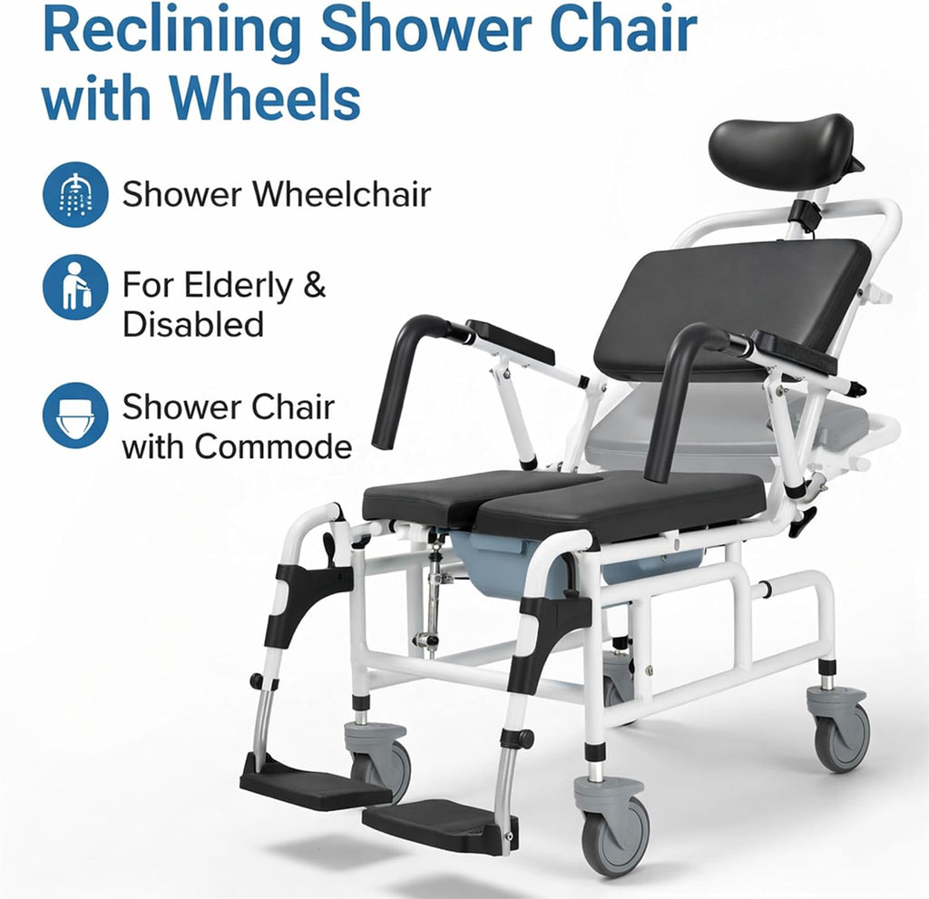 Eosprim Reclining Shower Chair with Wheels, Shower Wheelchair for Elderly and Disabled, Rolling Shower Chair with Commode, Bariatric Bathroom Wheelchair for Shower Use
