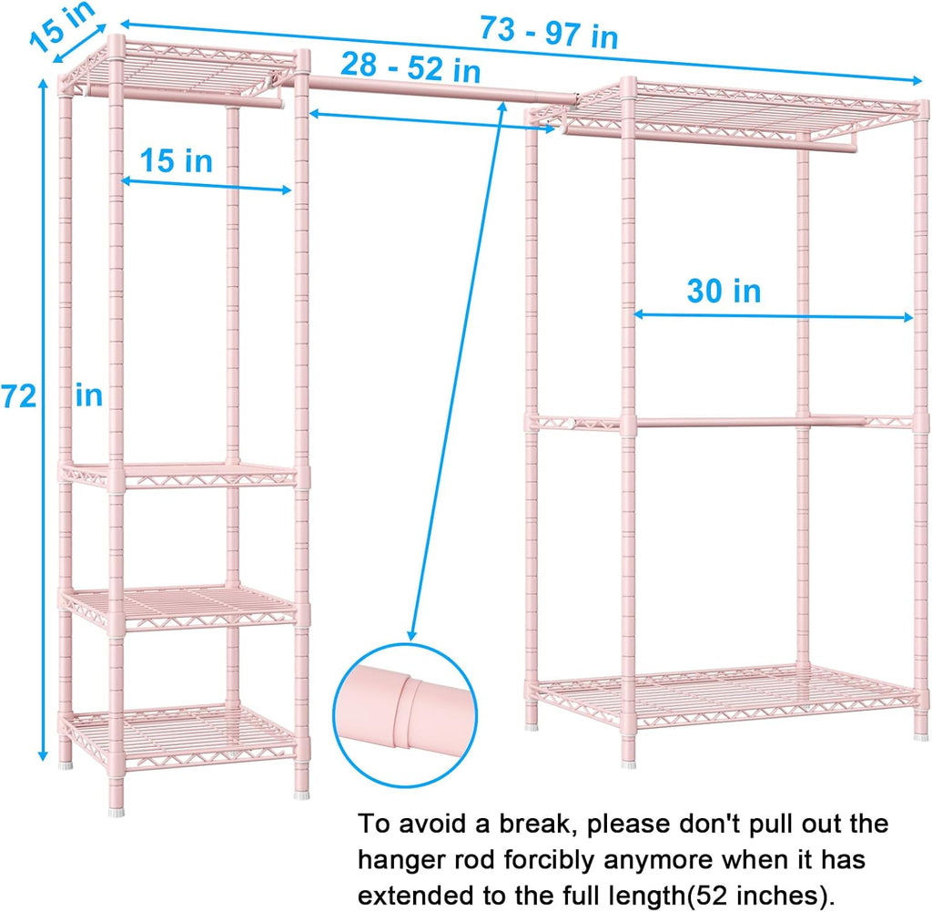 Ulif E10 Clothes Rack（With Stretchable Hanger Rod）Freestanding Clothing Racks for Hanging Clothes，Adjustable Closet Organizer System，Portable Garment Rack 73-97'W x 15' D x 72' H，Max Load 800LBS，Pink